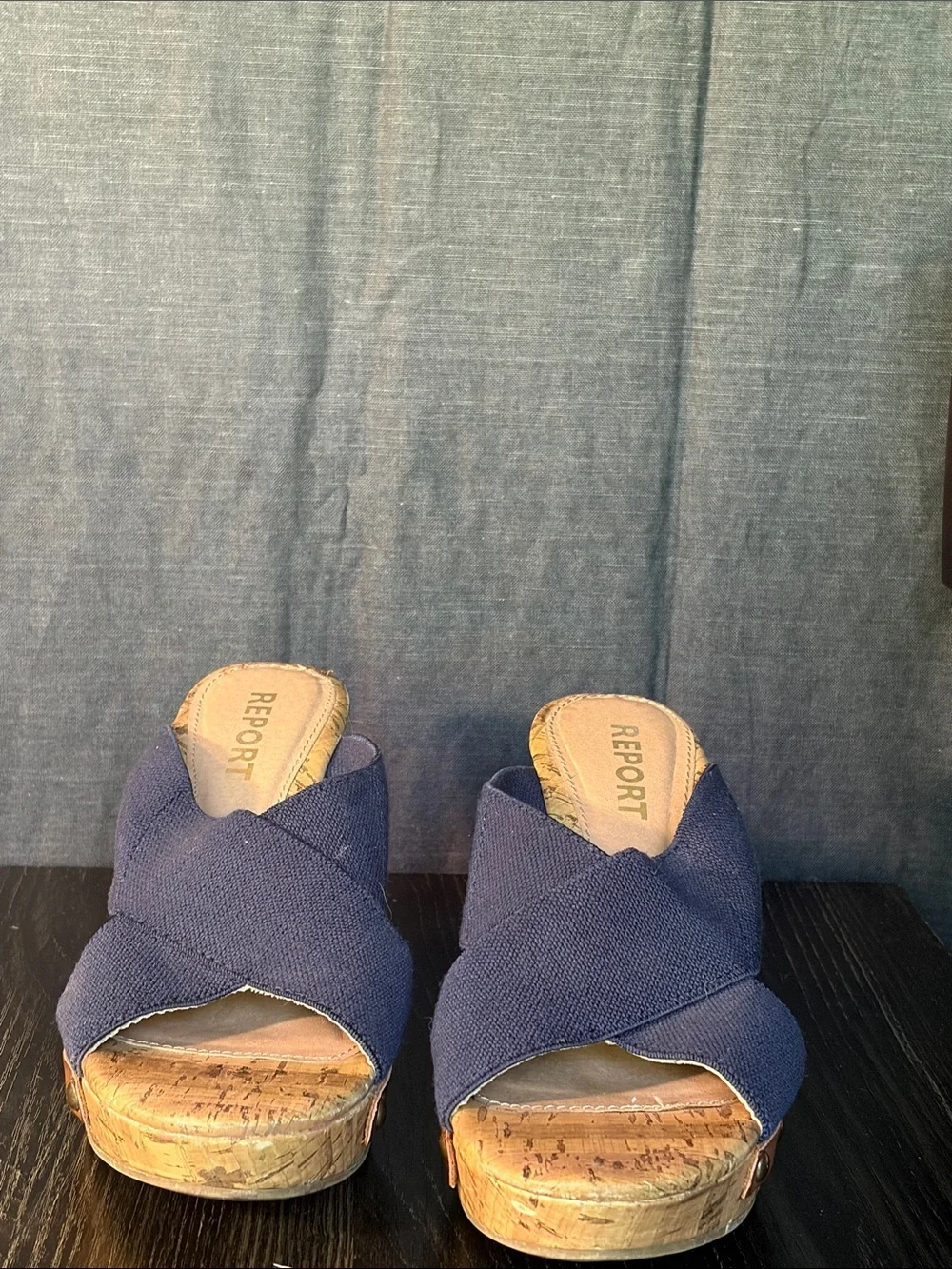 Report Navy Crisscross Cork Wedge Sandals